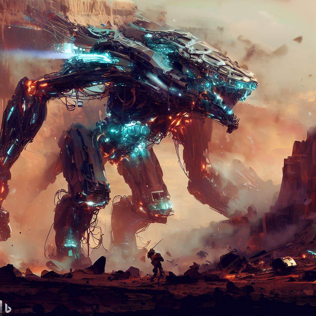 futuristic dinosaur mech with shattered glass body, fighting soldiers in canyon, detailed smoke, realistic, in the style of h.r. giger 2.jpg